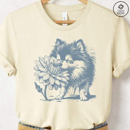 Pomeranian Smell the Flowers T-Shirt Natural Taco-Dog