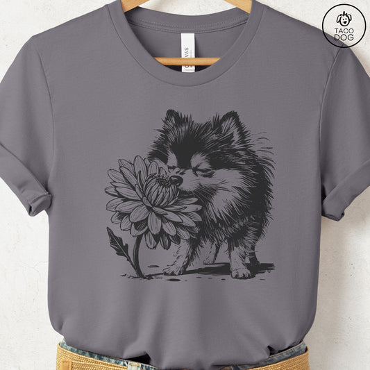 Pomeranian Smell the Flowers T-Shirt Storm Taco-Dog