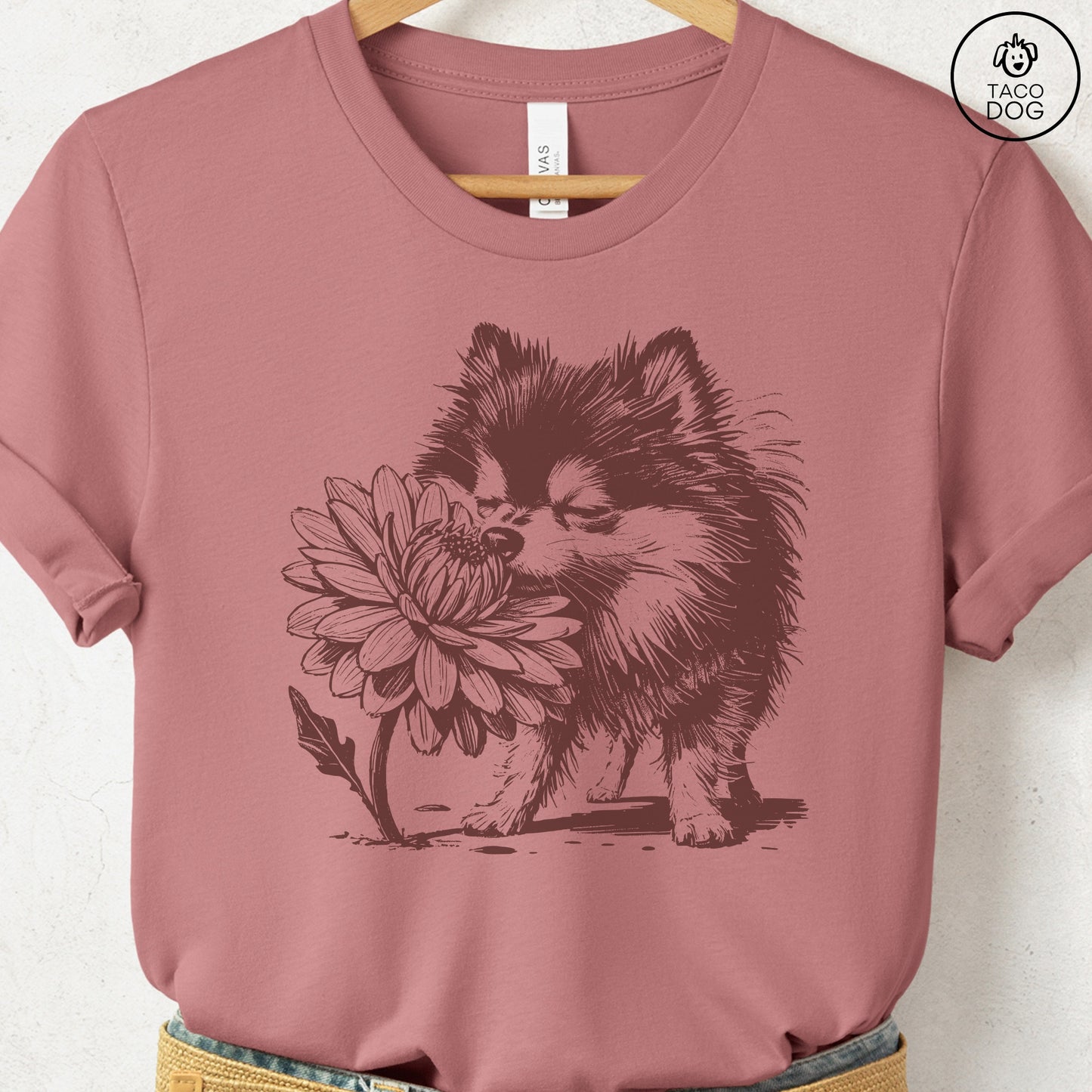 Pomeranian Smell the Flowers T-Shirt Heather Mauve Taco-Dog