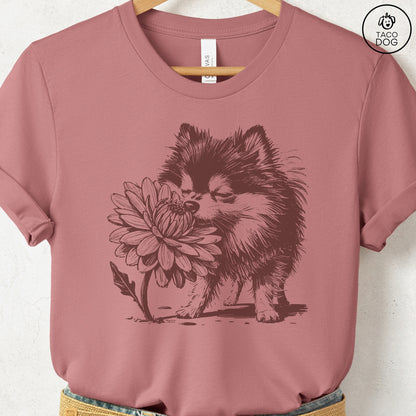 Pomeranian Smell the Flowers T-Shirt Heather Mauve Taco-Dog