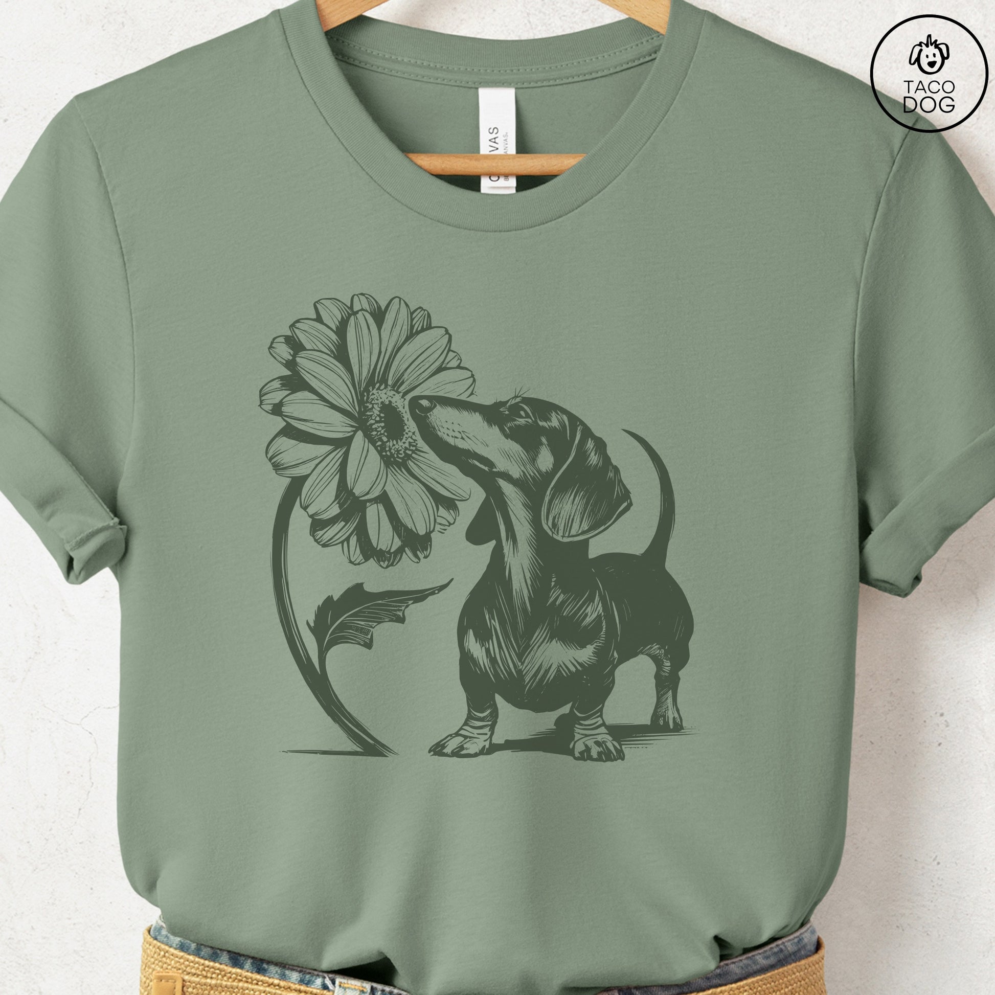 Dachshund Weenie Smell the Flowers T-Shirt Sage Taco-Dog