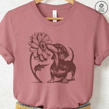 Dachshund Weenie Smell the Flowers T-Shirt Heather Mauve Taco-Dog
