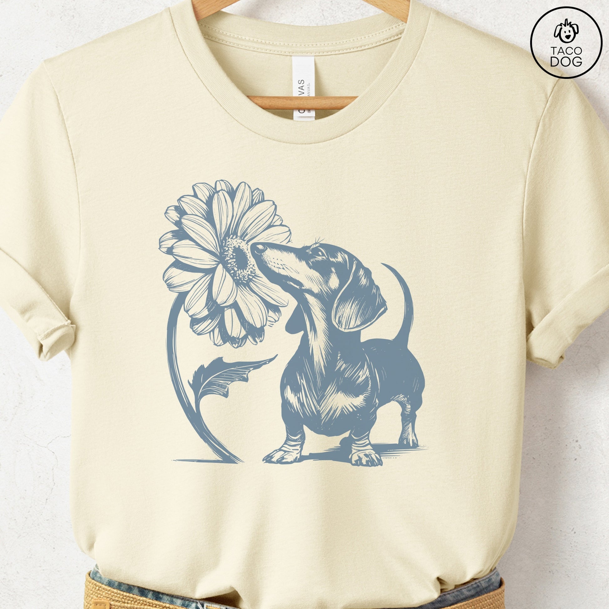 Dachshund Weenie Smell the Flowers T-Shirt Natural Taco-Dog