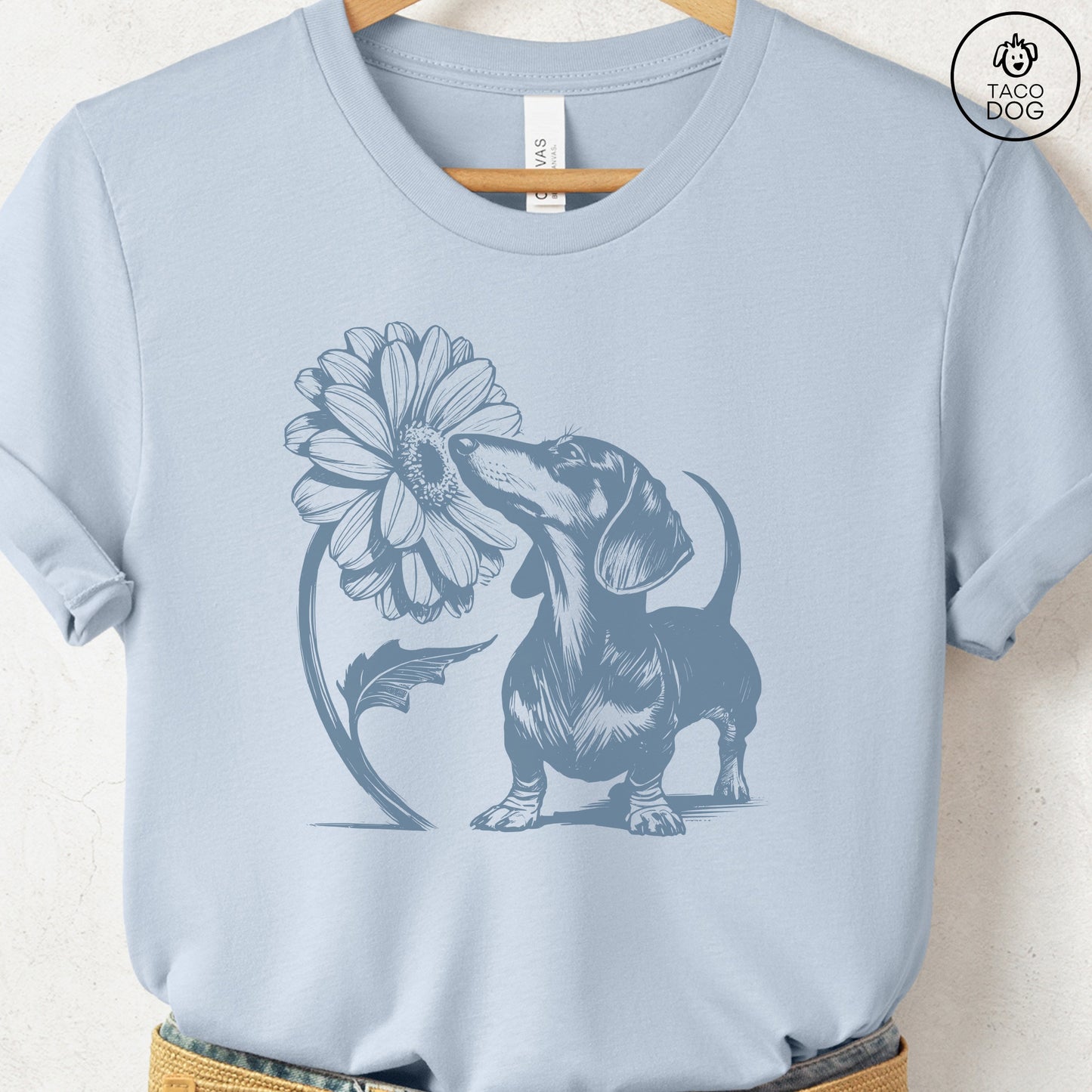 Dachshund Weenie Smell the Flowers T-Shirt Light Blue Taco-Dog