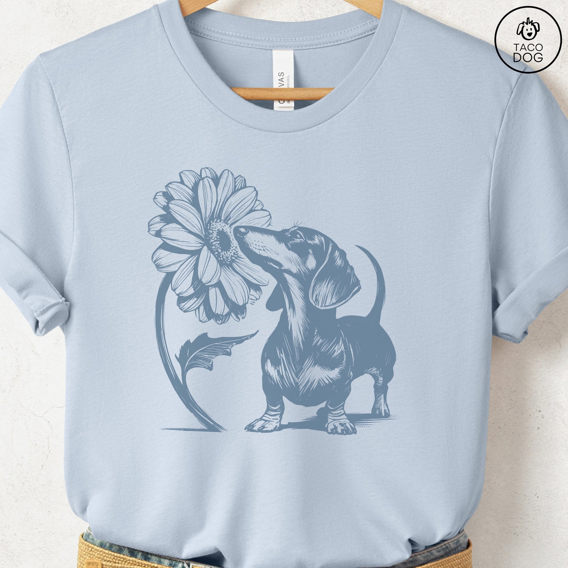 Dachshund Weenie Smell the Flowers T-Shirt Light Blue Taco-Dog