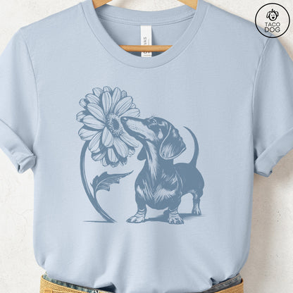 Dachshund Weenie Smell the Flowers T-Shirt Light Blue Taco-Dog