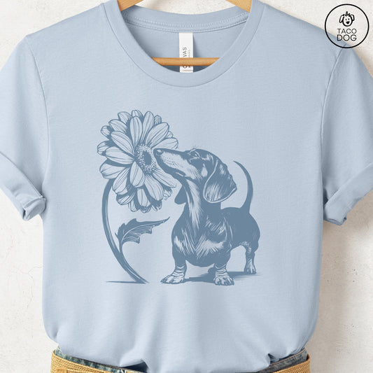 Dachshund Weenie Smell the Flowers T-Shirt Light Blue Taco-Dog