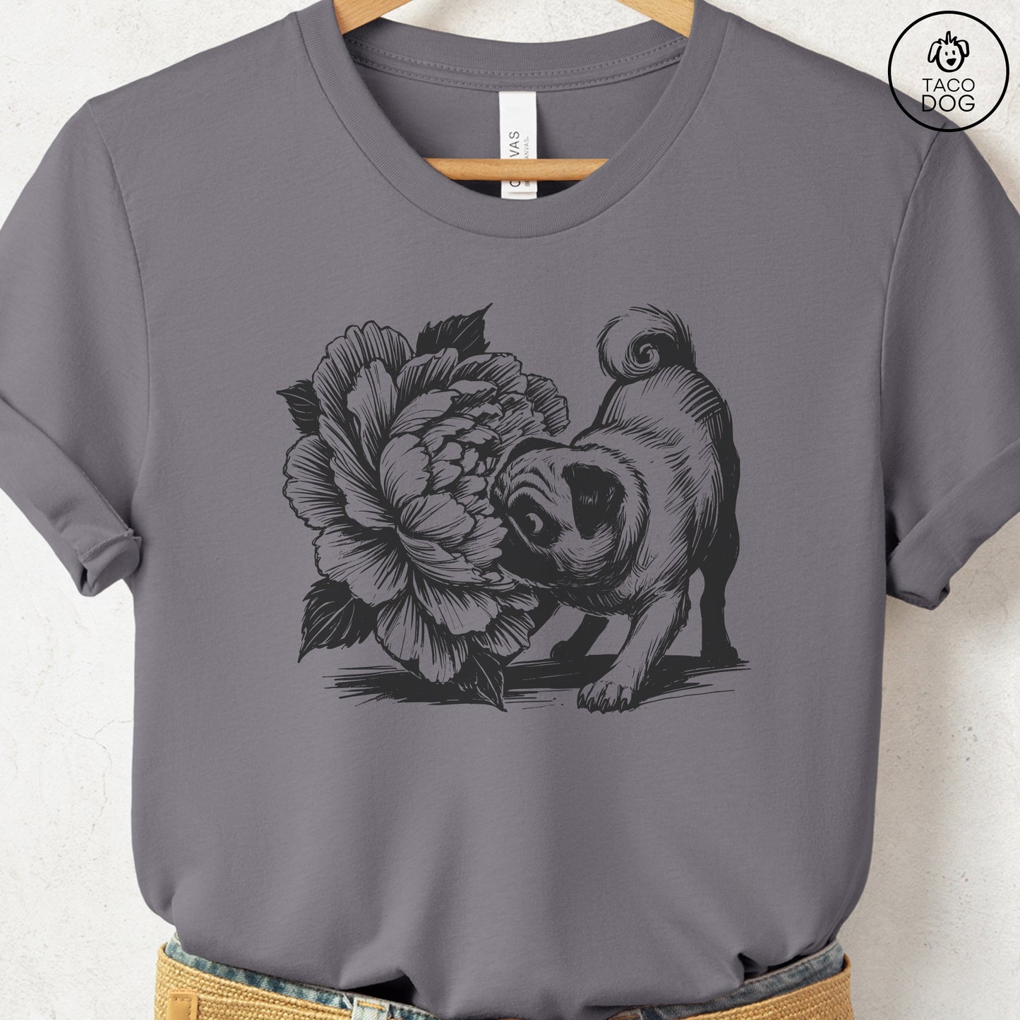 Pug Smell the Flowers T-Shirt Storm Taco-Dog