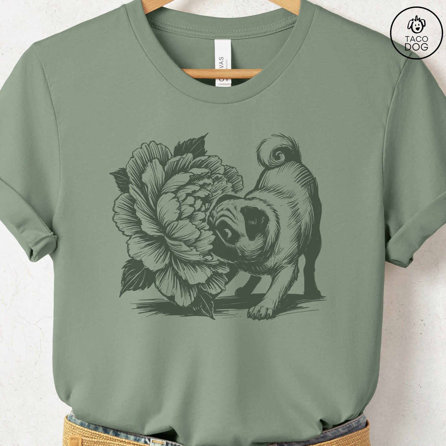 Pug Smell the Flowers T-Shirt Sage Taco-Dog