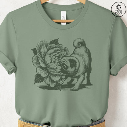 Pug Smell the Flowers T-Shirt Sage Taco-Dog