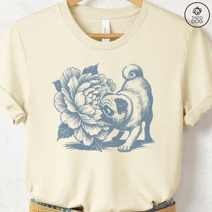 Pug Smell the Flowers T-Shirt Natural Taco-Dog