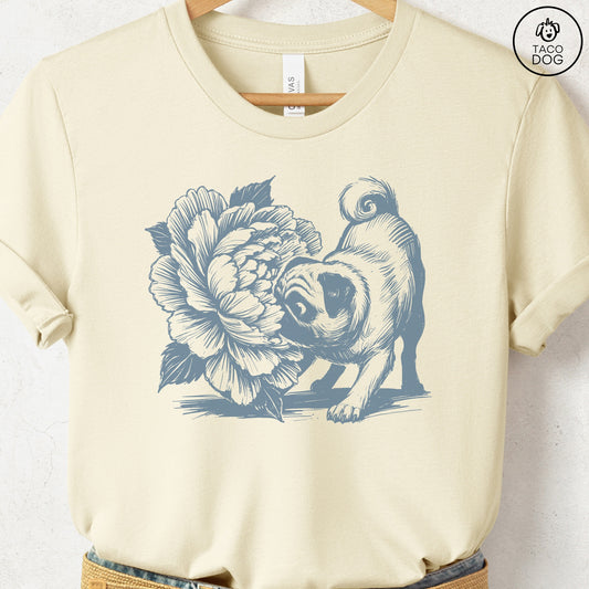Pug Smell the Flowers T-Shirt Natural