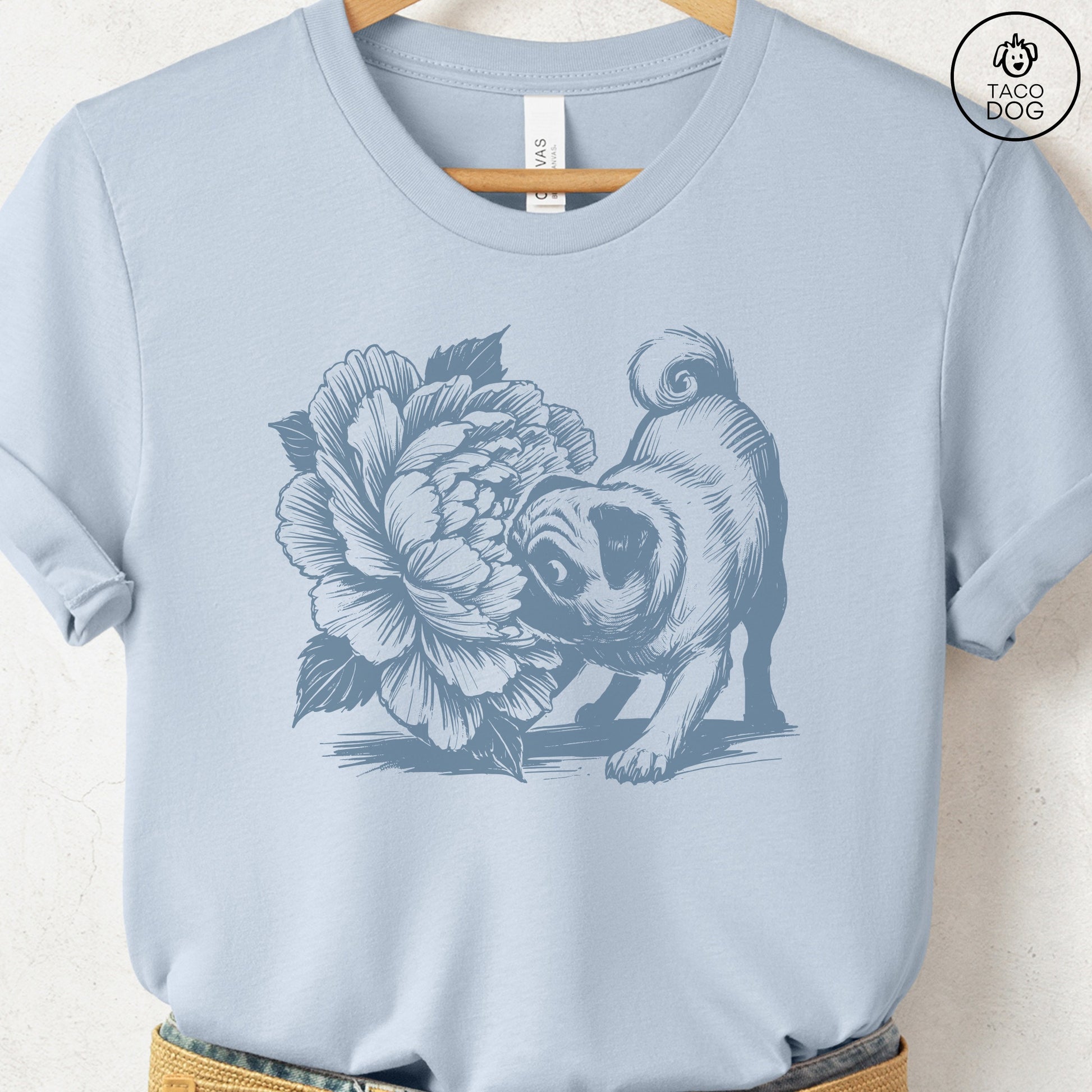 Pug Smell the Flowers T-Shirt Light Blue Taco-Dog