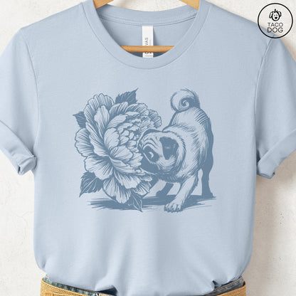 Pug Smell the Flowers T-Shirt Light Blue Taco-Dog