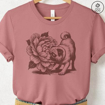 Pug Smell the Flowers T-Shirt Heather Mauve Taco-Dog