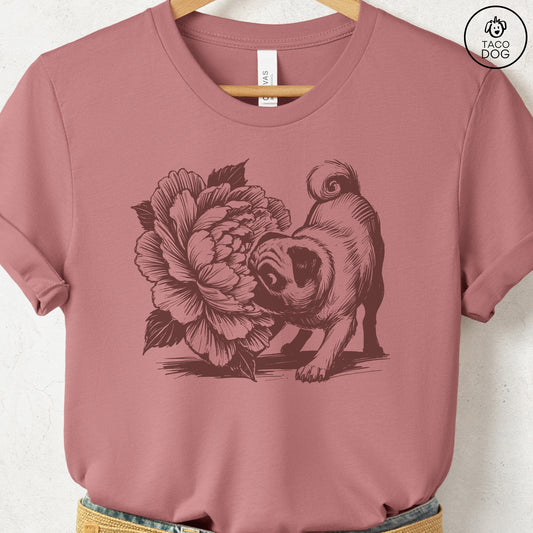 Pug Smell the Flowers T-Shirt Heather Mauve Taco-Dog