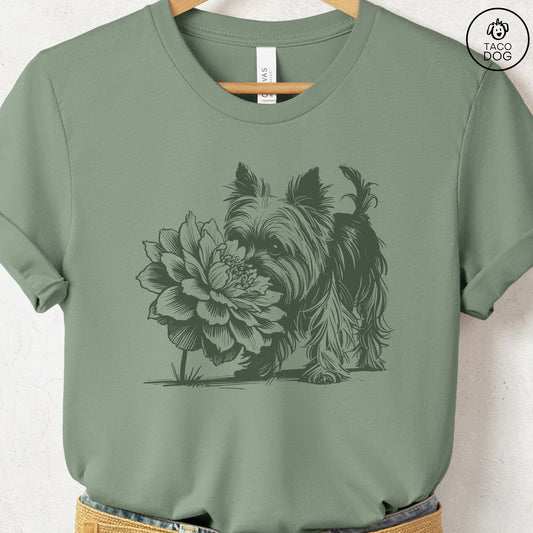 Yorkshire Terrier Yorkie Smell the Flowers T-Shirt Sage