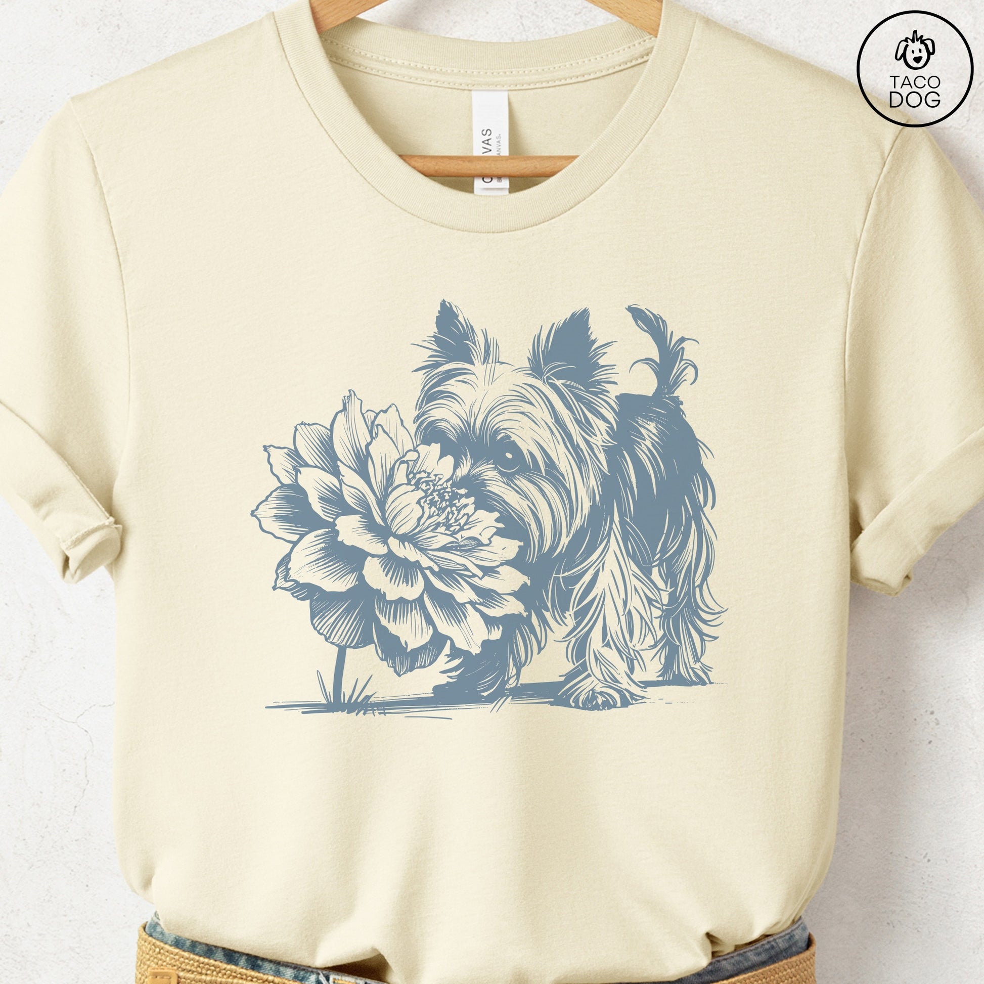 Yorkshire Terrier Yorkie Smell the Flowers T-Shirt Natural Taco-Dog