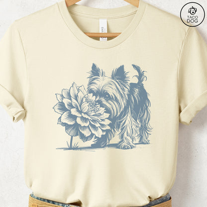 Yorkshire Terrier Yorkie Smell the Flowers T-Shirt Natural Taco-Dog