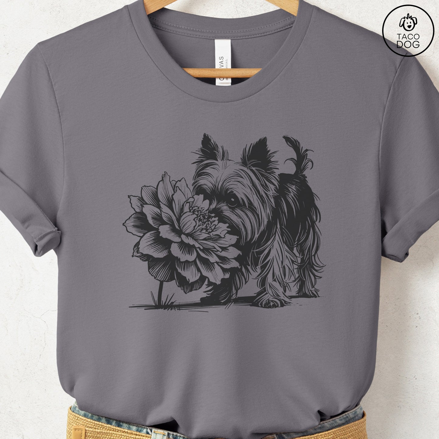Yorkshire Terrier Yorkie Smell the Flowers T-Shirt Storm Taco-Dog