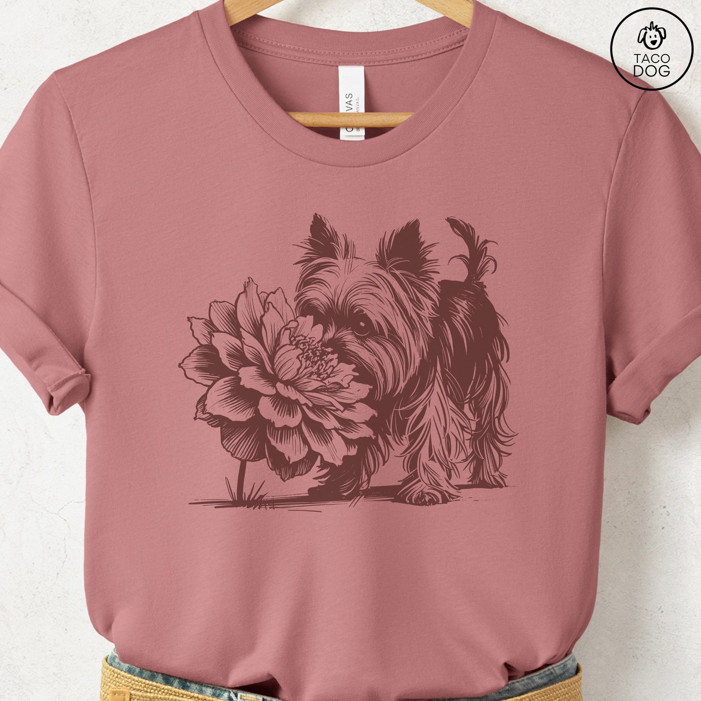 Yorkshire Terrier Yorkie Smell the Flowers T-Shirt Heather Mauve Taco-Dog