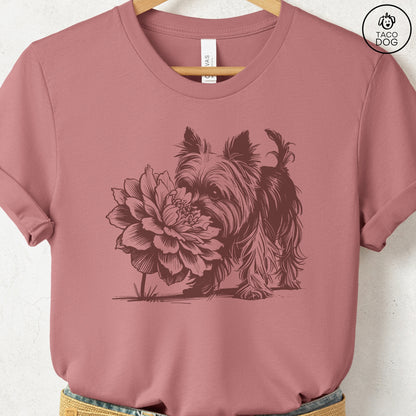 Yorkshire Terrier Yorkie Smell the Flowers T-Shirt Heather Mauve Taco-Dog