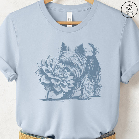 Yorkshire Terrier Yorkie Smell the Flowers T-Shirt Light Blue Taco-Dog