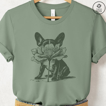 French Bulldog Frenchie Smell the Flowers T-Shirt Sage Taco-Dog