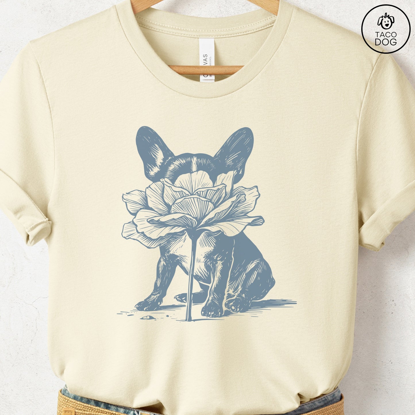 French Bulldog Frenchie Smell the Flowers T-Shirt Natural Taco-Dog