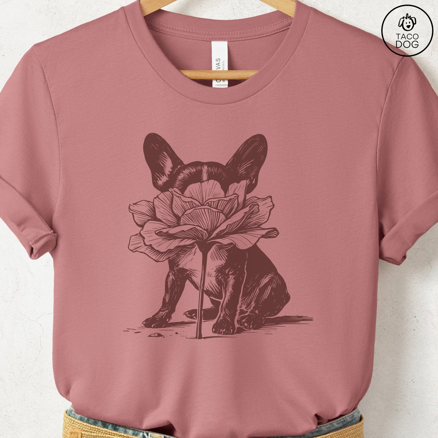 French Bulldog Frenchie Smell the Flowers T-Shirt Heather Mauve Taco-Dog