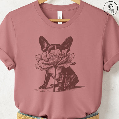 French Bulldog Frenchie Smell the Flowers T-Shirt Heather Mauve Taco-Dog