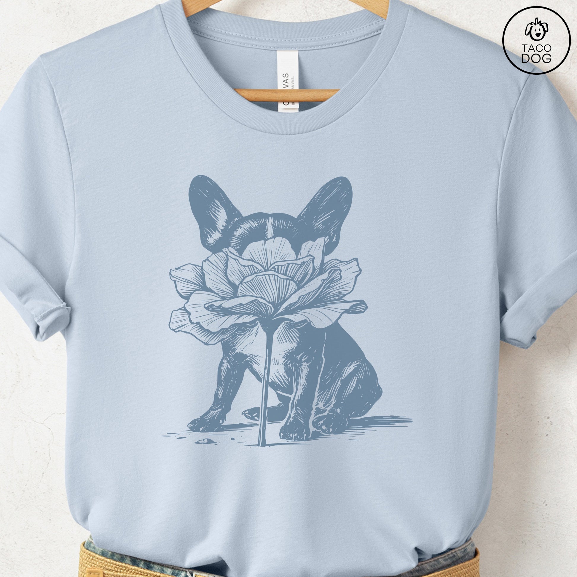 French Bulldog Frenchie Smell the Flowers T-Shirt Light Blue Taco-Dog