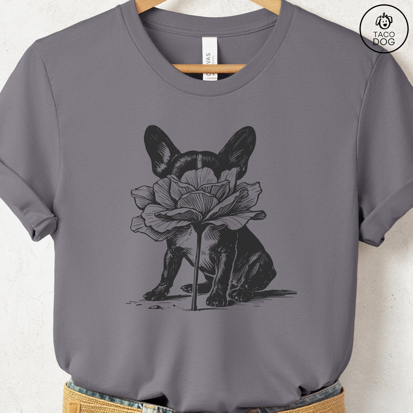 French Bulldog Frenchie Smell the Flowers T-Shirt Storm Taco-Dog