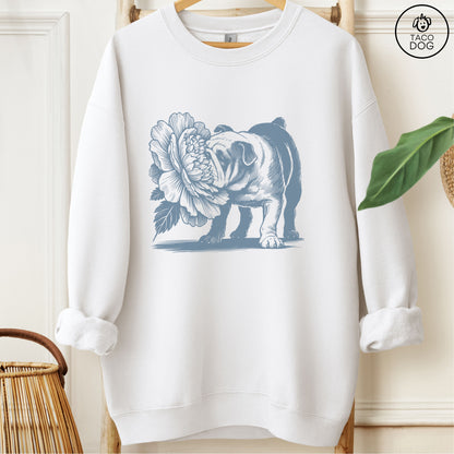 English Bulldog Smell the Flowers Sweatshirt White Taco-Dog