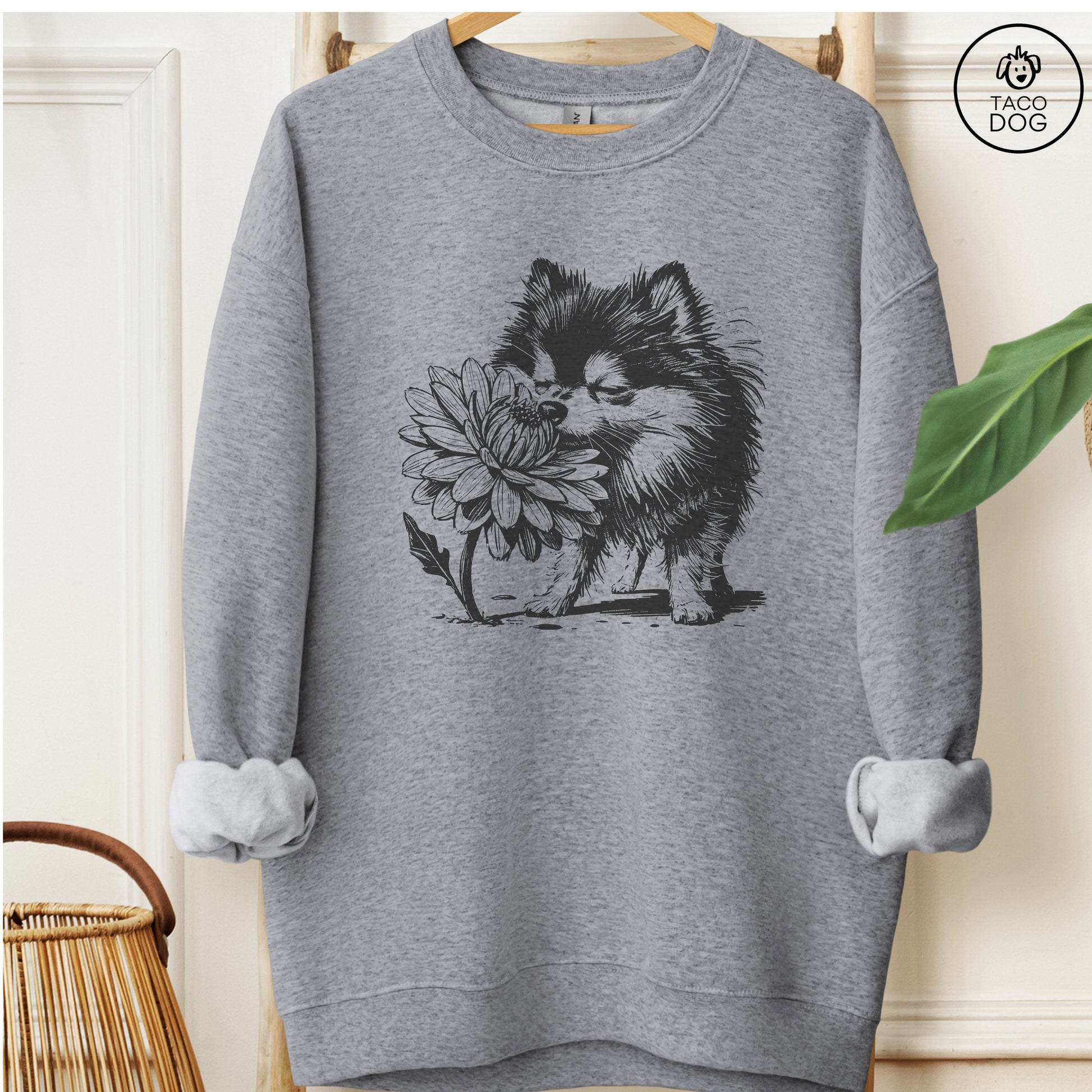 Pomeranian Smell the Flowers Sweatshirt Graphite Heather Taco-Dog