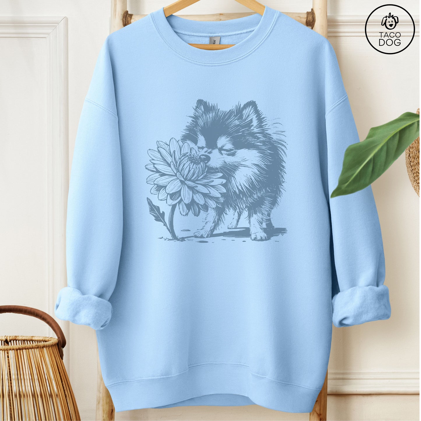 Pomeranian Smell the Flowers Sweatshirt Light Blue Taco-Dog