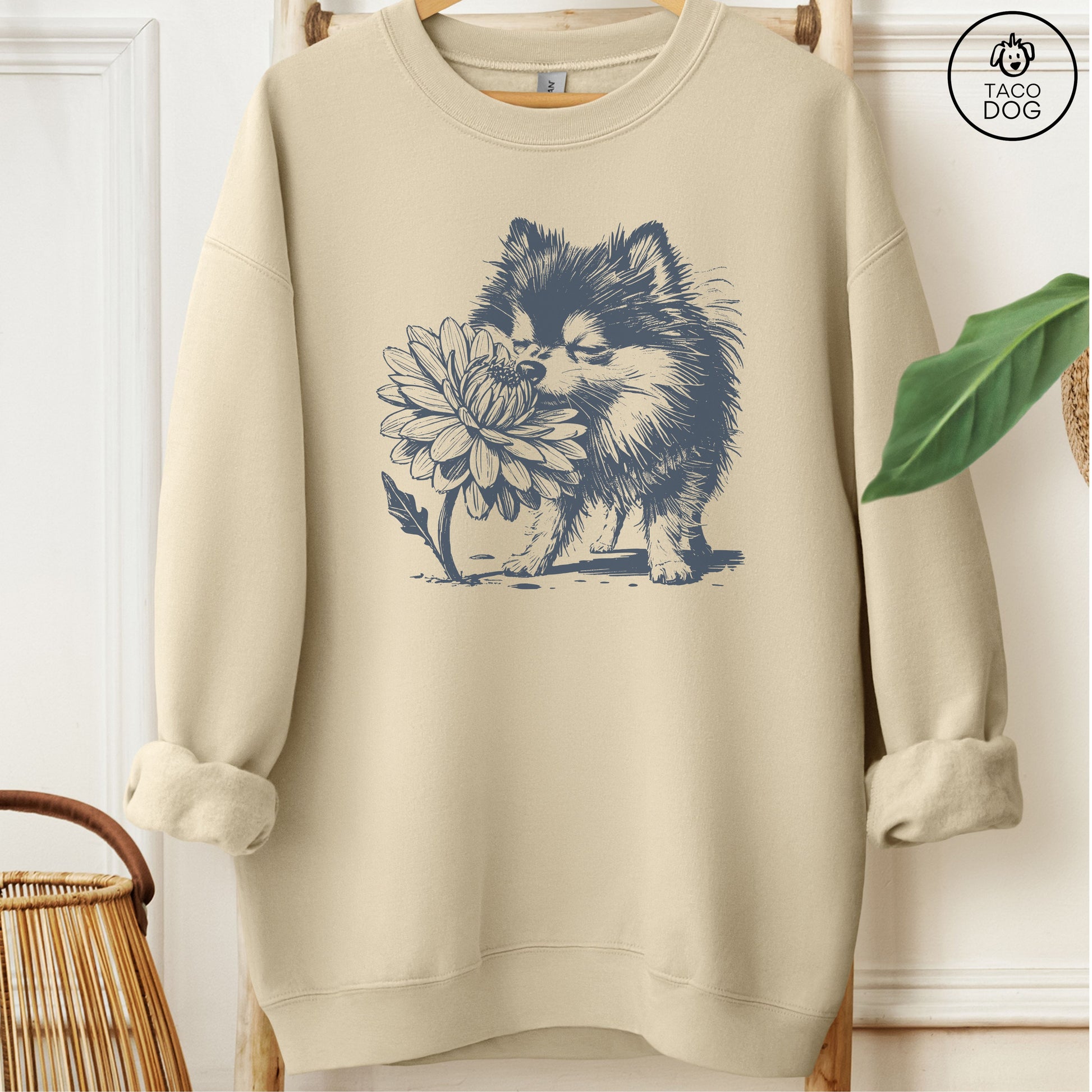 Pomeranian Smell the Flowers Sweatshirt Sand Taco-Dog
