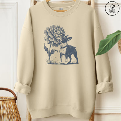 Boston Terrier Smell the Flowers Sweatshirt Sand Taco-Dog