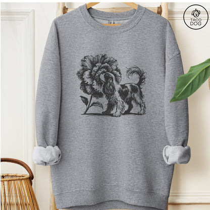 Cavalier King Charles Spaniel Smell the Flowers Sweatshirt Graphite Heather Taco-Dog