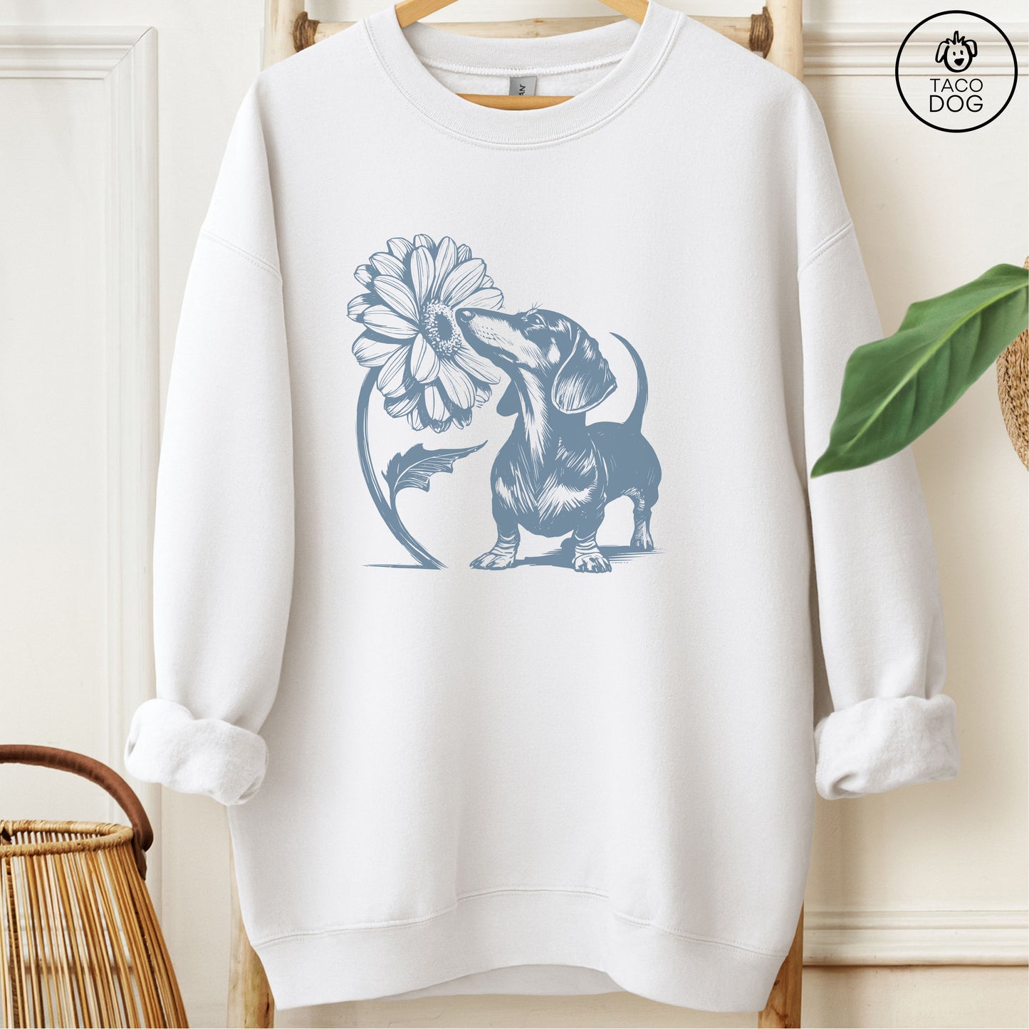 Dachshund Weenie Smell the Flowers Sweatshirt White Taco-Dog