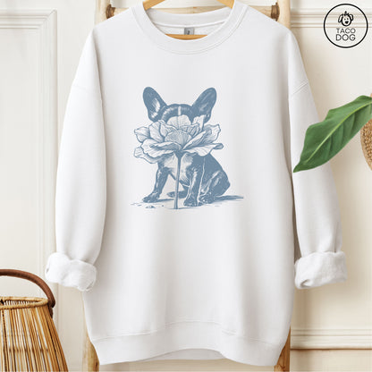 French Bulldog Frenchie Smell the Flowers Sweatshirt White Taco-Dog
