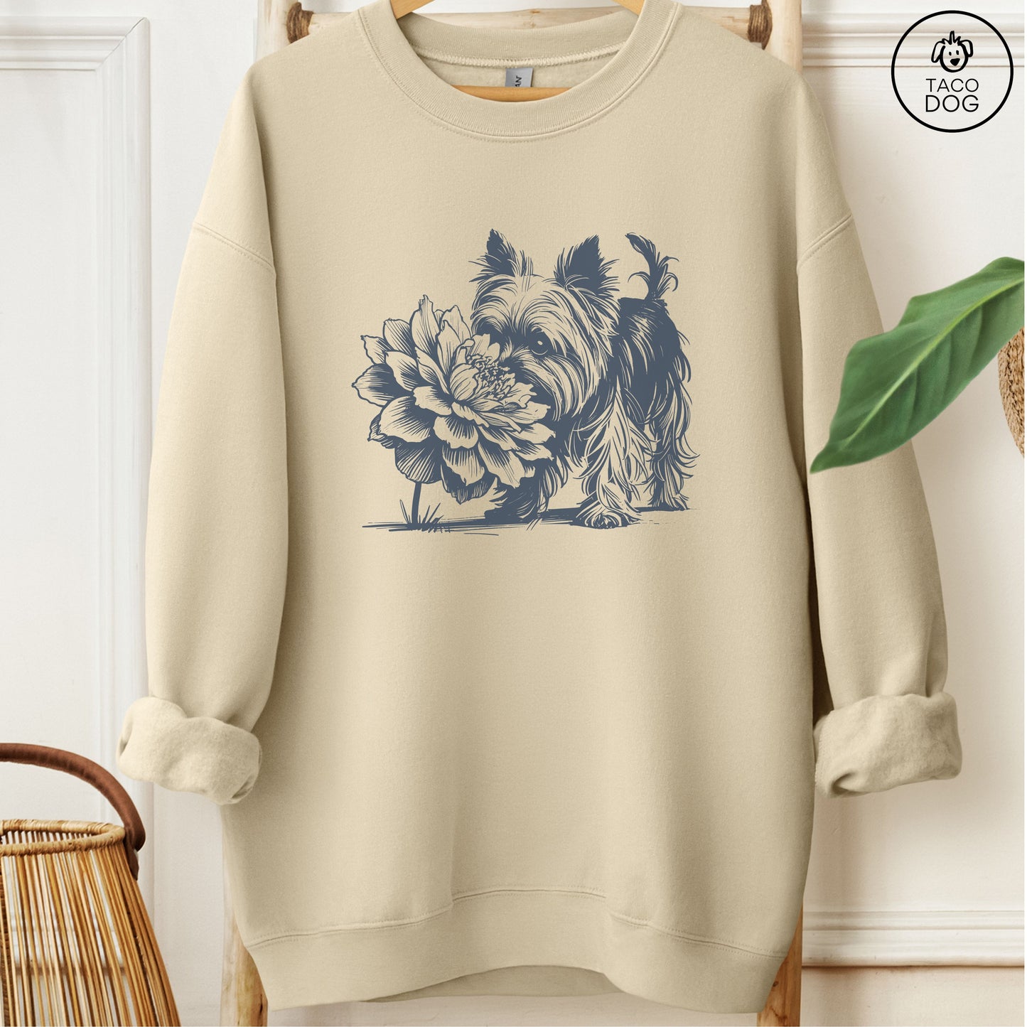 Yorkshire Terrier Yorkie Smell the Flowers Sweatshirt Sand Taco-Dog