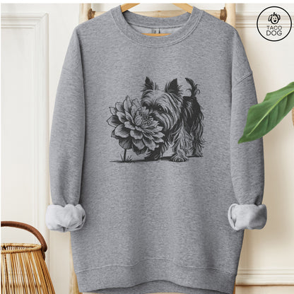 Yorkshire Terrier Yorkie Smell the Flowers Sweatshirt Graphite Heather Taco-Dog
