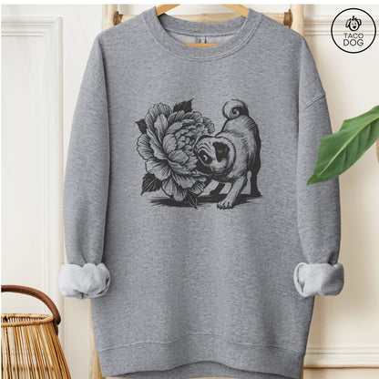 Pug Smell the Flowers Sweatshirt Graphite Heather Taco-Dog