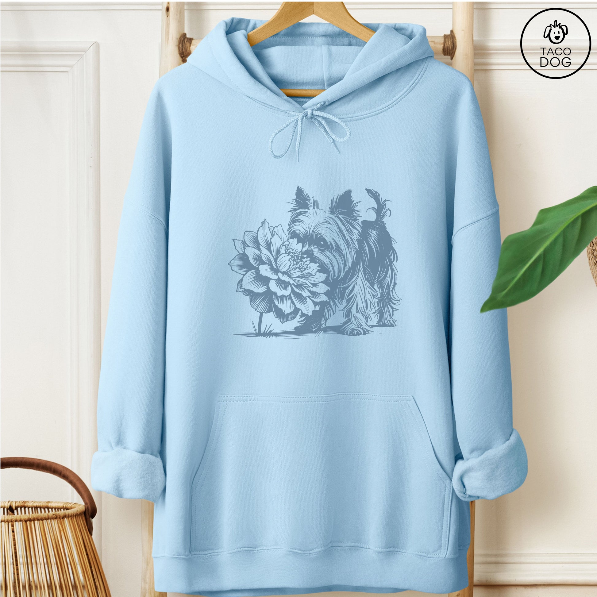 Yorkshire Terrier Yorkie Smell the Flowers Hoodie Light Blue Taco-Dog