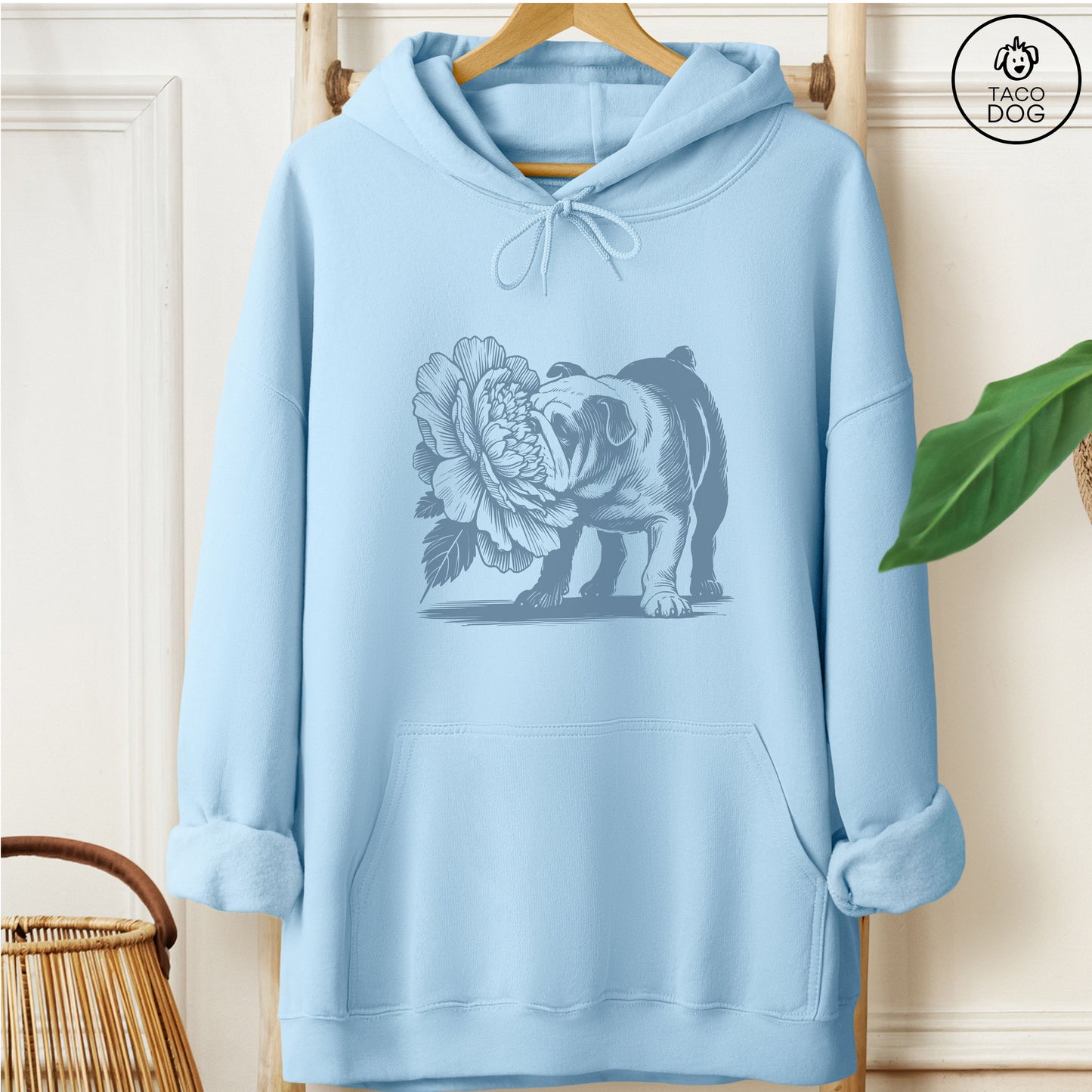 English Bulldog Smell the Flowers Hoodie Light Blue Taco-Dog
