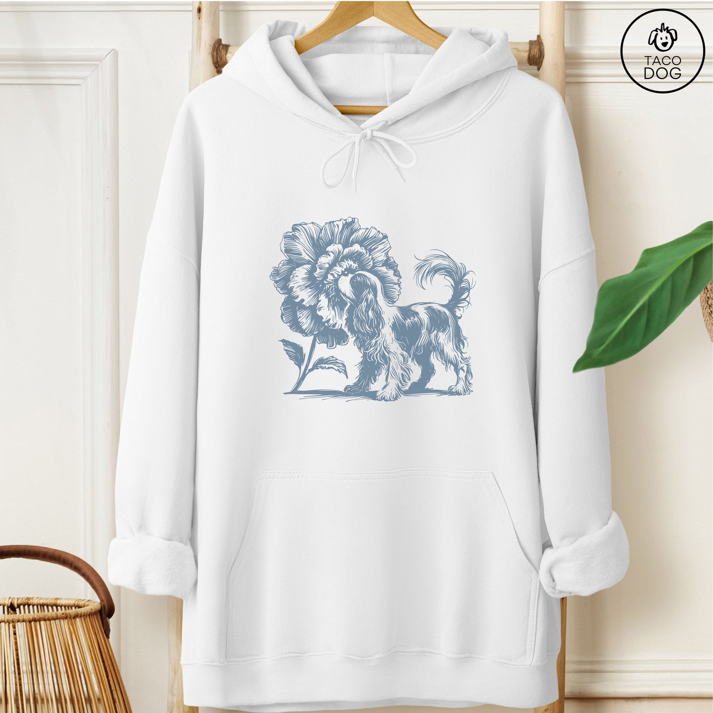 Cavalier King Charles Spaniel Smell the Flowers Hoodie White Taco-Dog