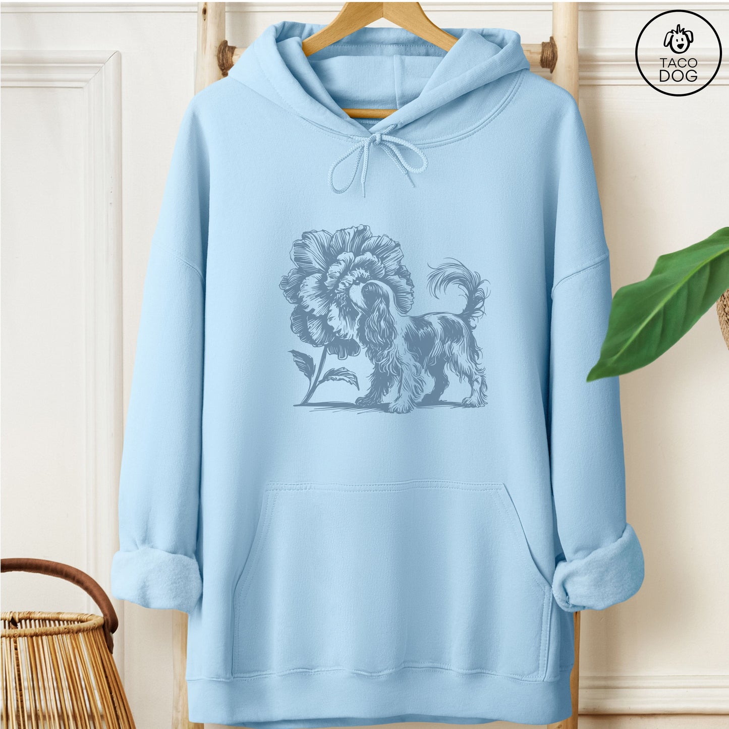 Cavalier King Charles Spaniel Smell the Flowers Hoodie Light Blue Taco-Dog