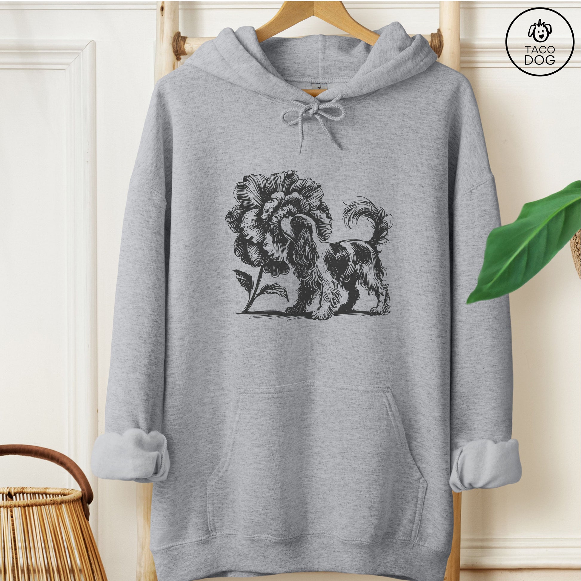 Cavalier King Charles Spaniel Smell the Flowers Hoodie Graphite Heather Taco-Dog