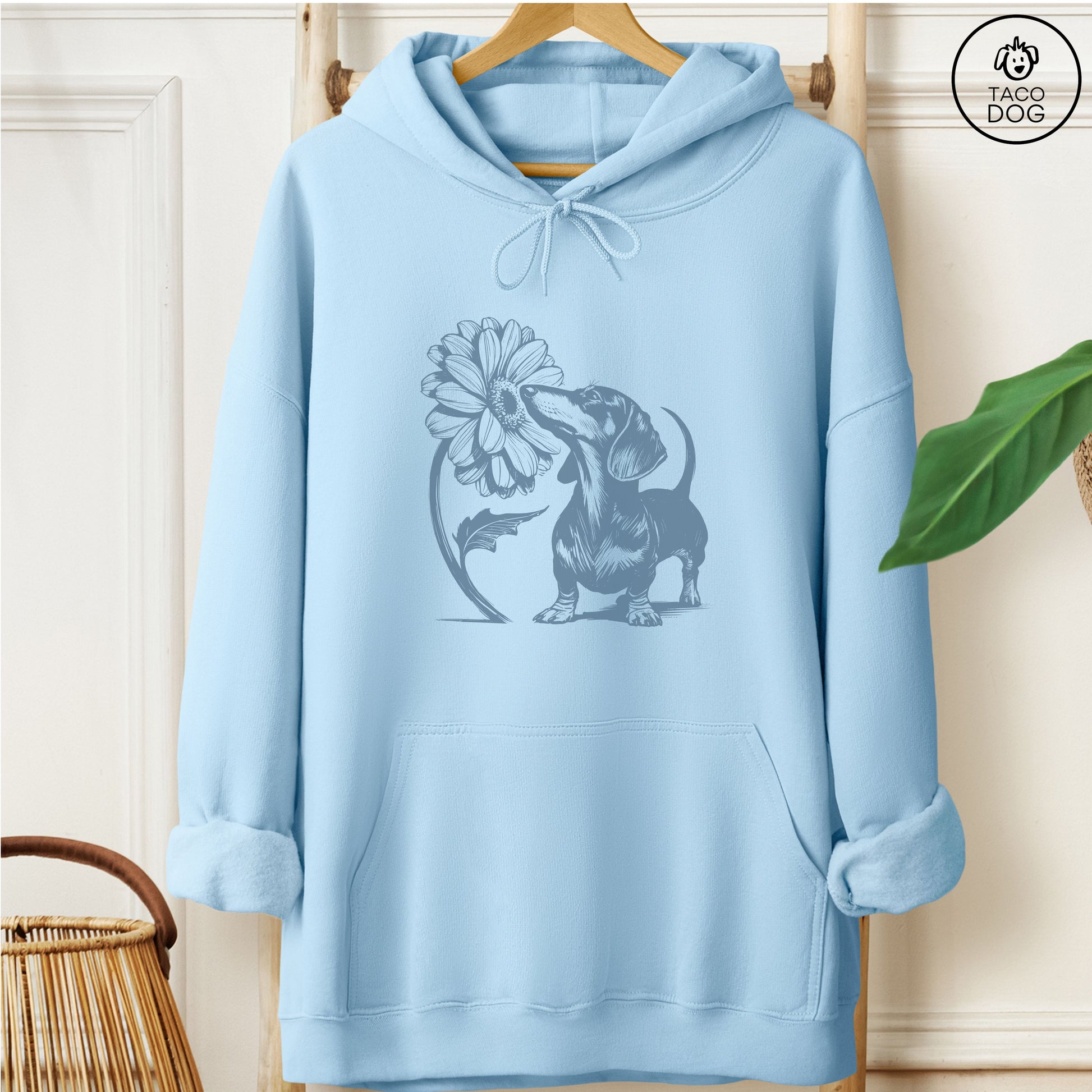 Dachshund Weenie Smell the Flowers Hoodie Light Blue Taco-Dog